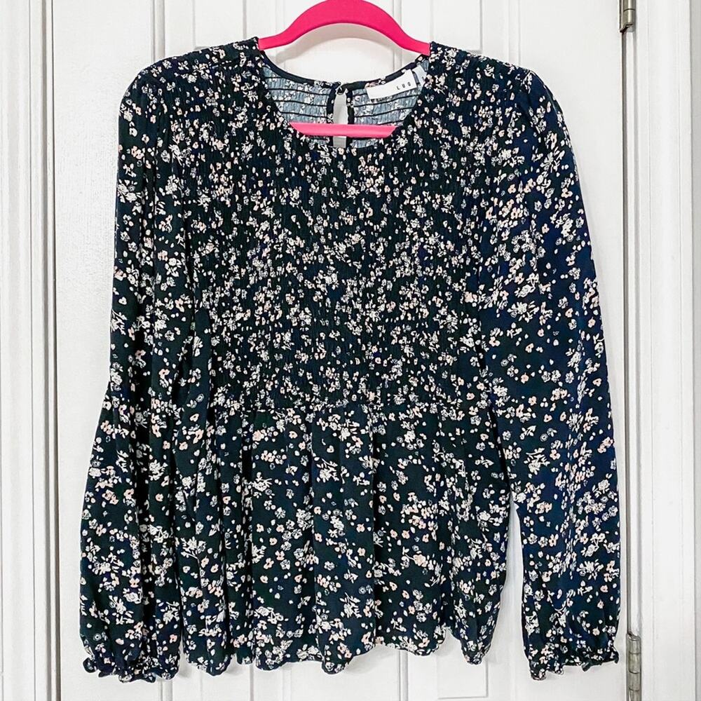 LUQ • Black + Pink Floral Stitch Fix Smocked Peasant Top Blouse